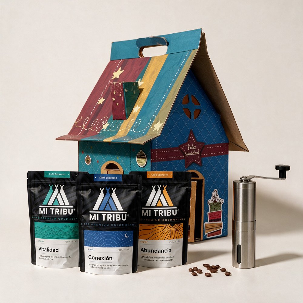 Kit Café con Propósito: la caja casita con los tres cafés y el molino